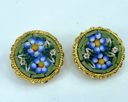 Micro Mosaic Floral Brooch & Earrings Set "Forget Me Not" Made in Italy JR 9570