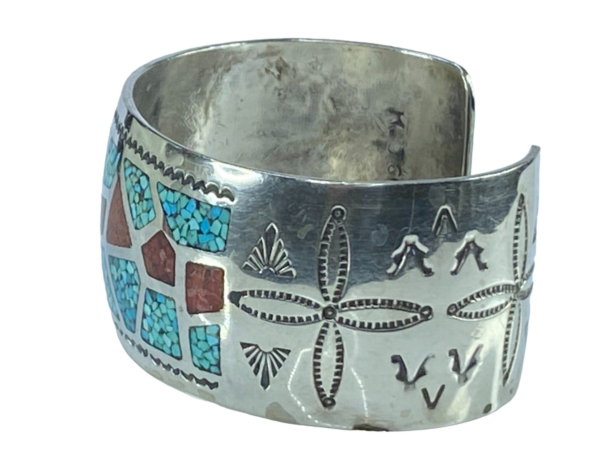 Old Indian Sterling inlay Turquoise Spiny Oyster cuff bangle