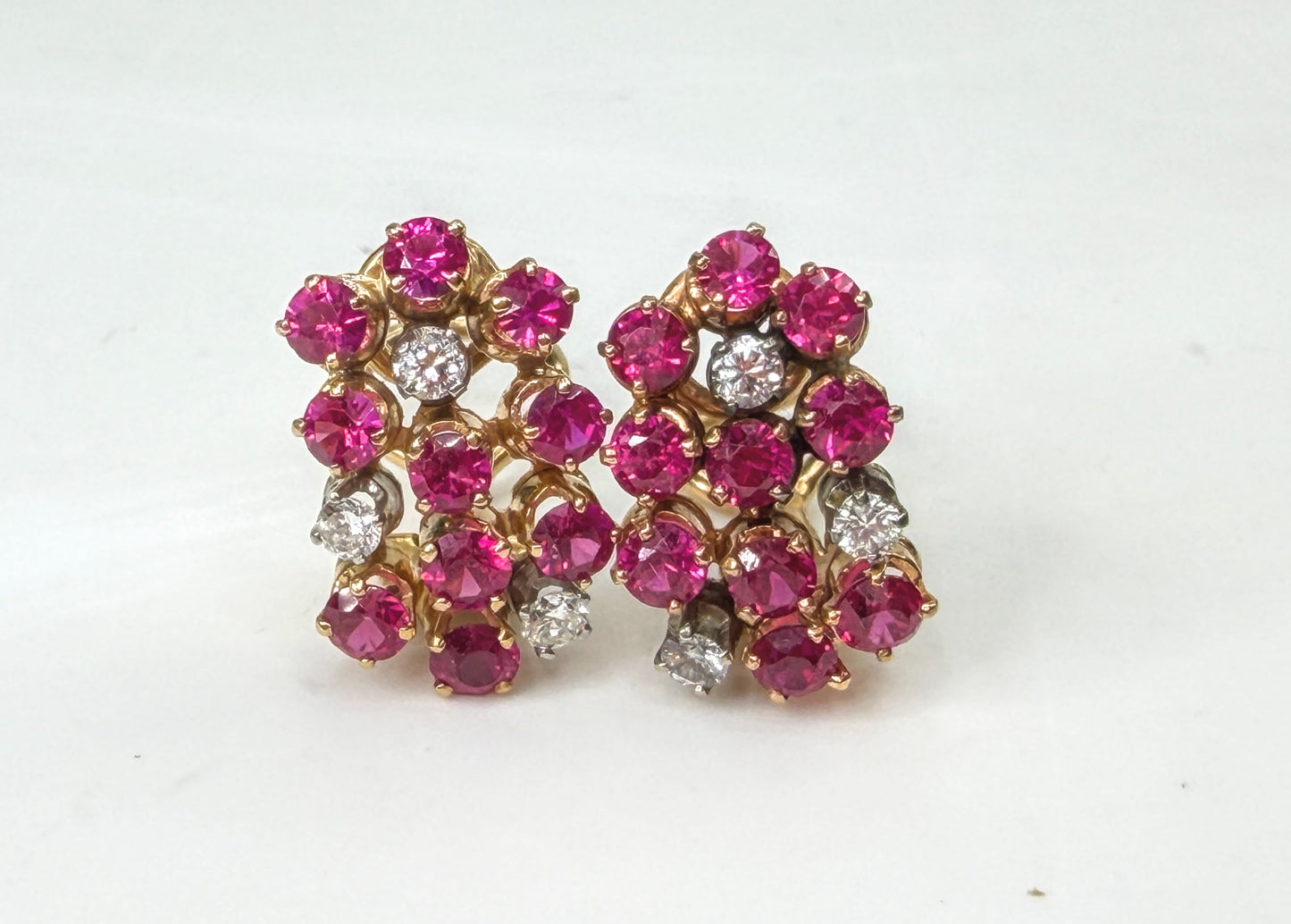 c50's 18K Gold Ruby & Diamond Cluster Earrings Omega Backs 5.9g 16.8mm JR1991