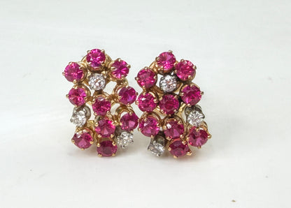 c50's 18K Gold Ruby & Diamond Cluster Earrings Omega Backs 5.9g 16.8mm JR1991