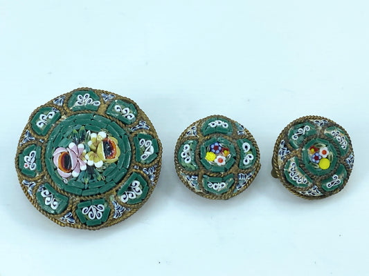 Vintage Micro Mosaic Roses floral brooch earrings set JR9571