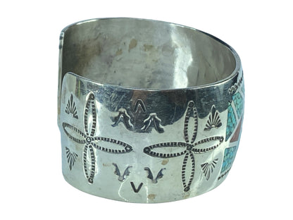 Old Indian Sterling inlay Turquoise Spiny Oyster cuff bangle