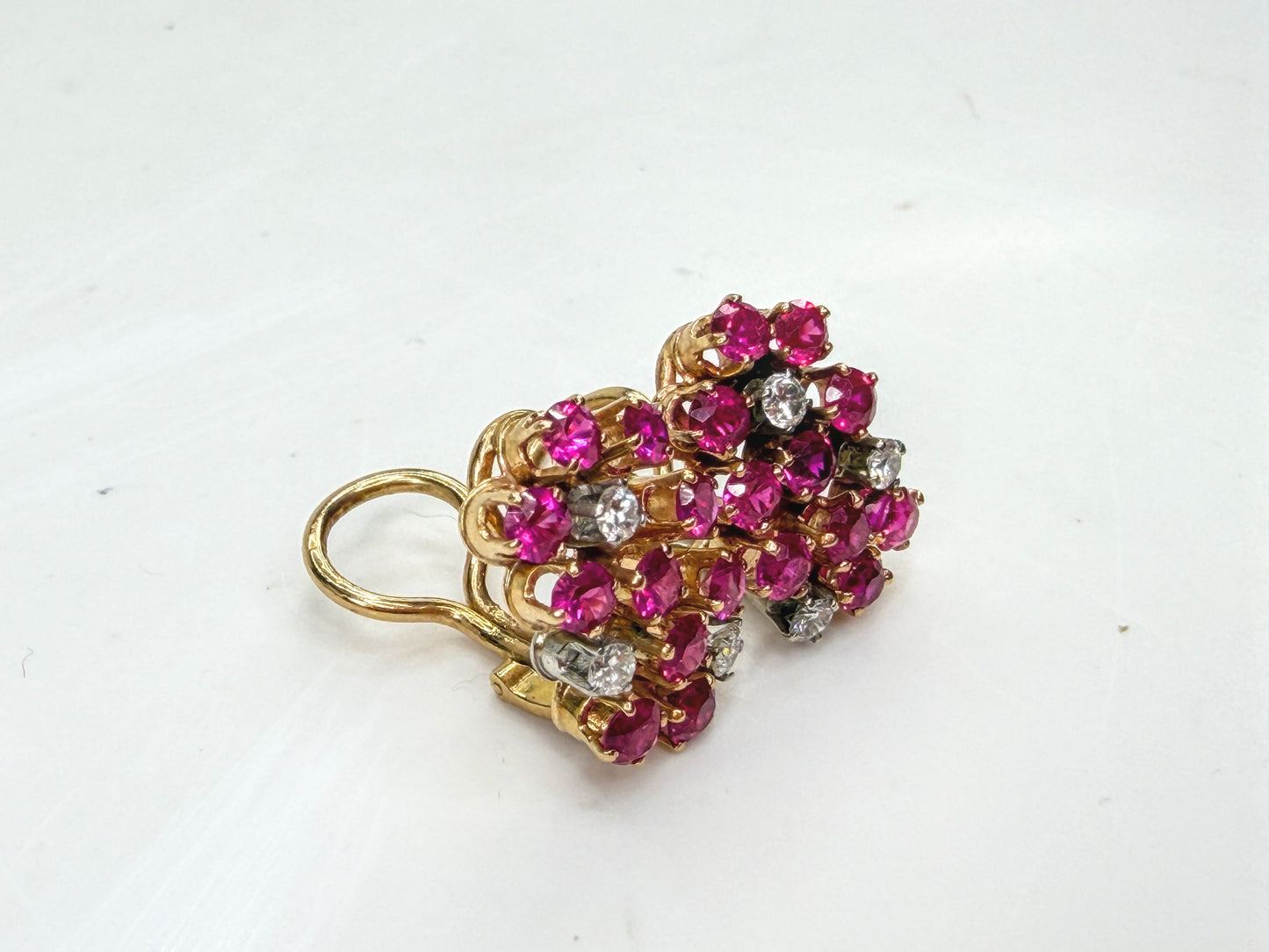c50's 18K Gold Ruby & Diamond Cluster Earrings Omega Backs 5.9g 16.8mm JR1991