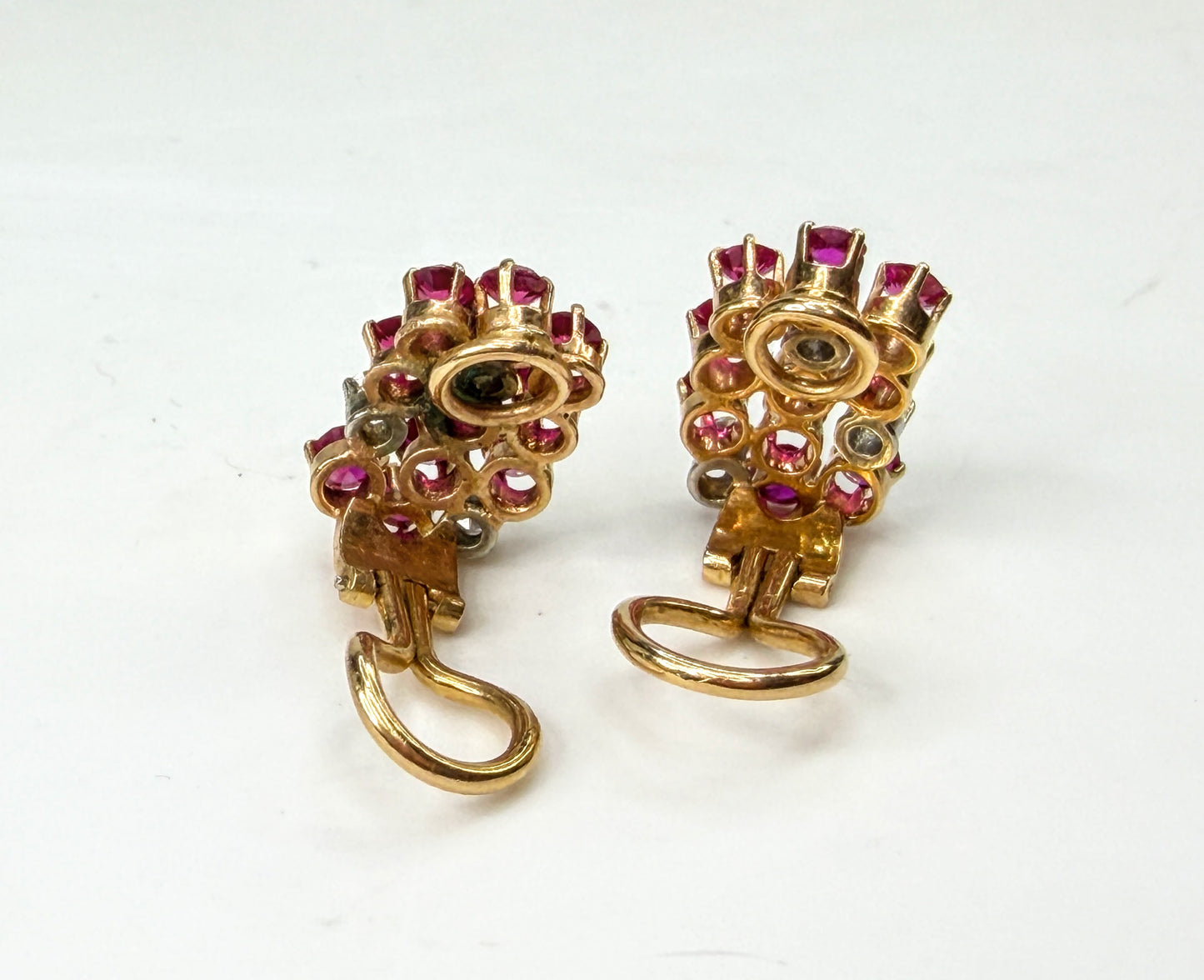 c50's 18K Gold Ruby & Diamond Cluster Earrings Omega Backs 5.9g 16.8mm JR1991