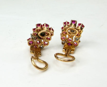 c50's 18K Gold Ruby & Diamond Cluster Earrings Omega Backs 5.9g 16.8mm JR1991