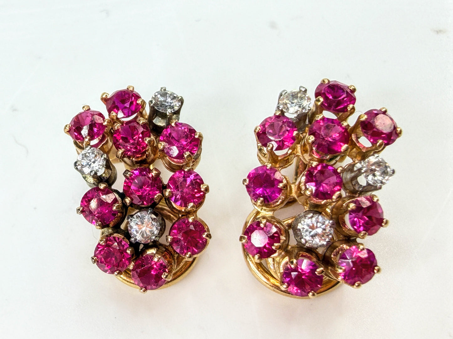 c50's 18K Gold Ruby & Diamond Cluster Earrings Omega Backs 5.9g 16.8mm JR1991