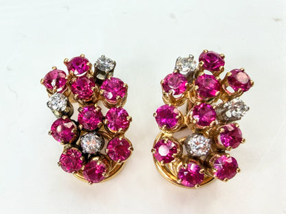 c50's 18K Gold Ruby & Diamond Cluster Earrings Omega Backs 5.9g 16.8mm JR1991
