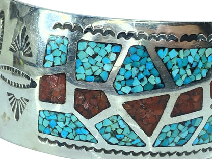 Old Indian Sterling inlay Turquoise Spiny Oyster cuff bangle