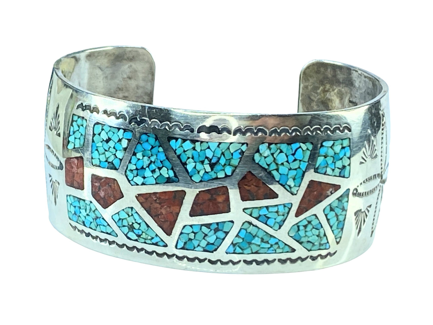 Old Indian Sterling inlay Turquoise Spiny Oyster cuff bangle