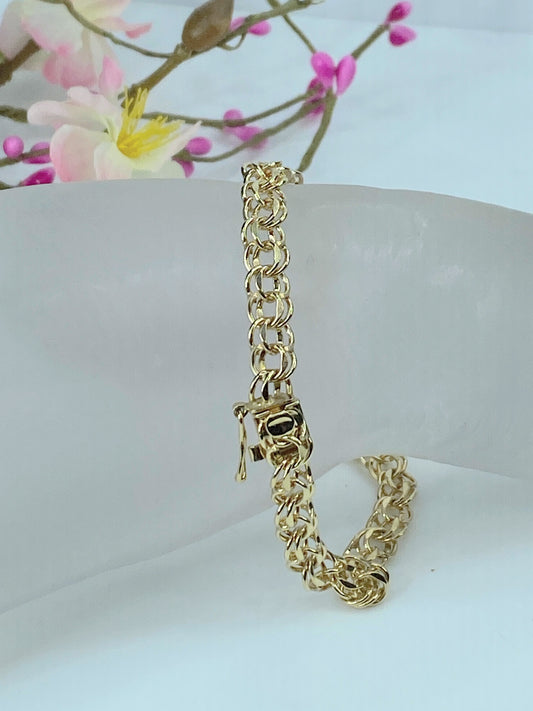 14K yellow gold 6.8mm double link charm bracelet starter 7.5" 12.2g JR140