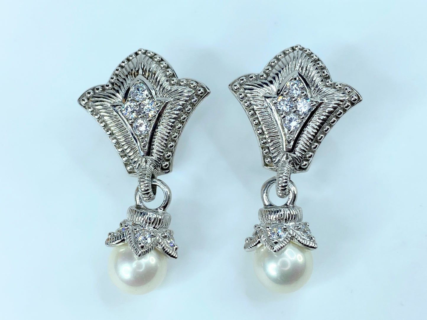 Judith Ripka Sterling Silver Pearl Drop CZ Earrings 1 5/8" JR9064