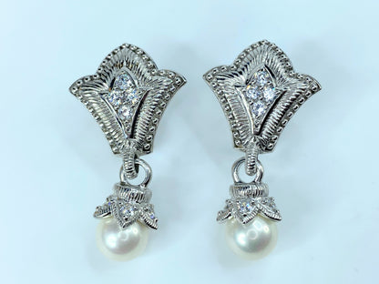 Judith Ripka Sterling Silver Pearl Drop CZ Earrings 1 5/8" JR9064