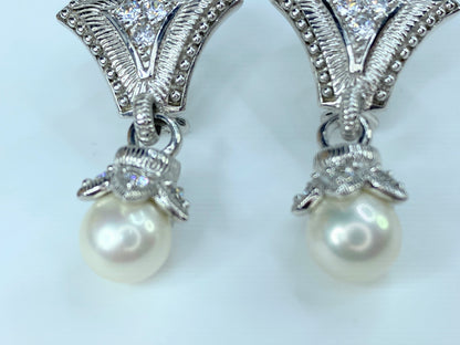 Judith Ripka Sterling Silver Pearl Drop CZ Earrings 1 5/8" JR9064