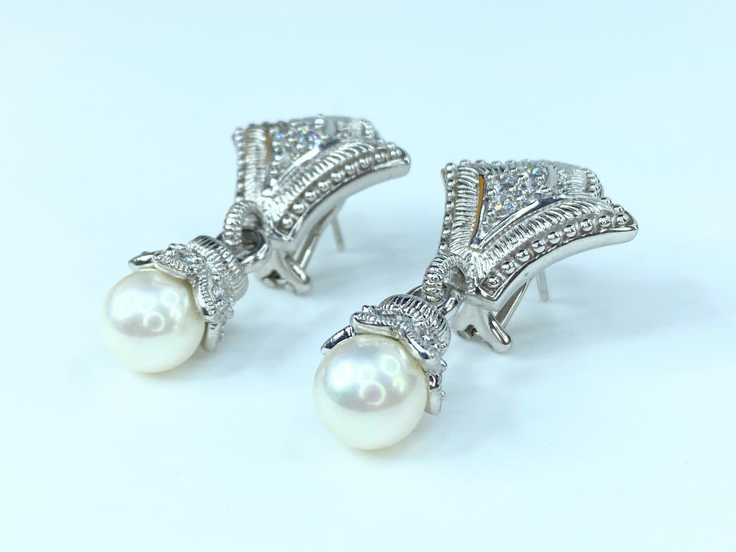 Judith Ripka Sterling Silver Pearl Drop CZ Earrings 1 5/8" JR9064