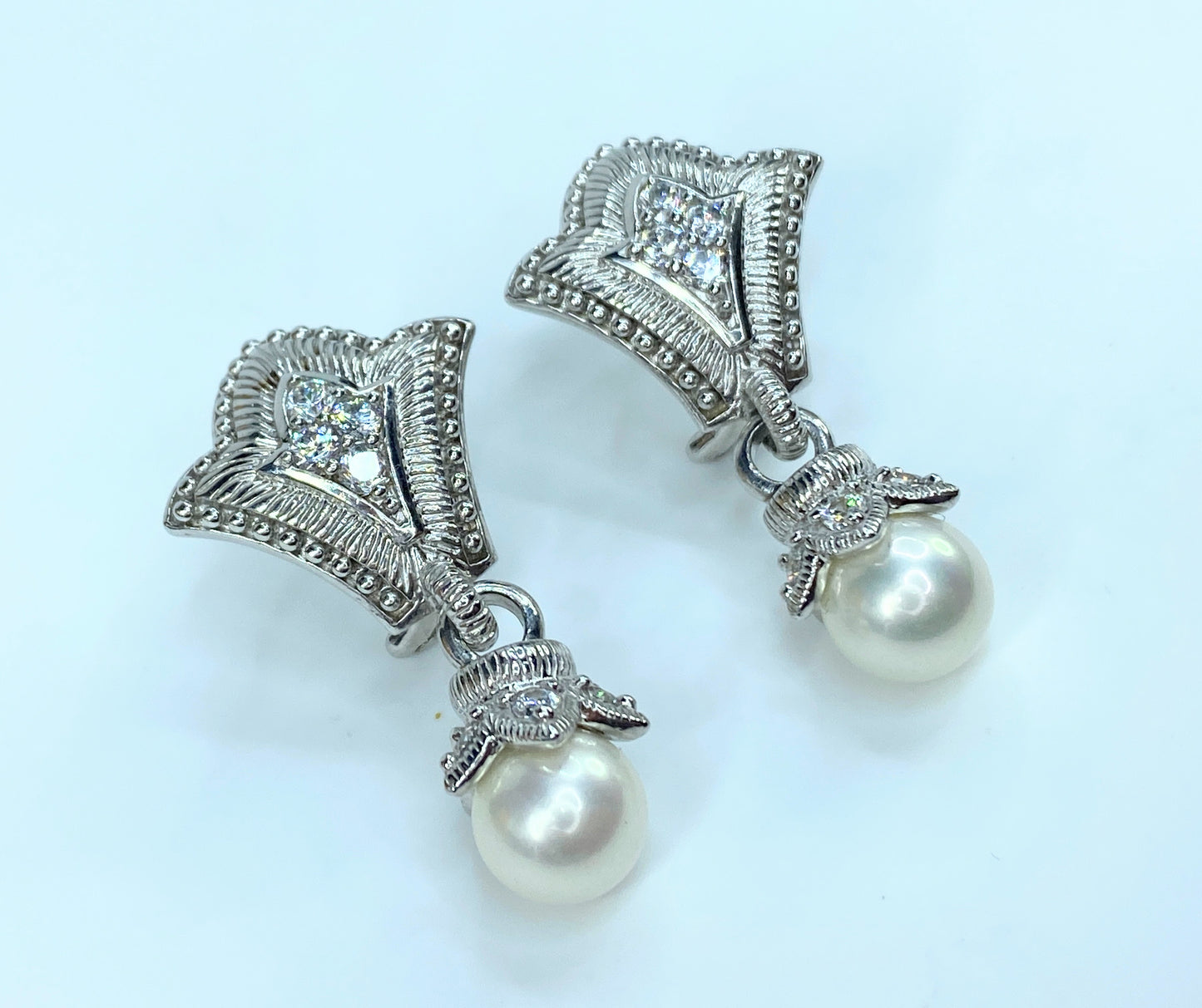 Judith Ripka Sterling Silver Pearl Drop CZ Earrings 1 5/8" JR9064