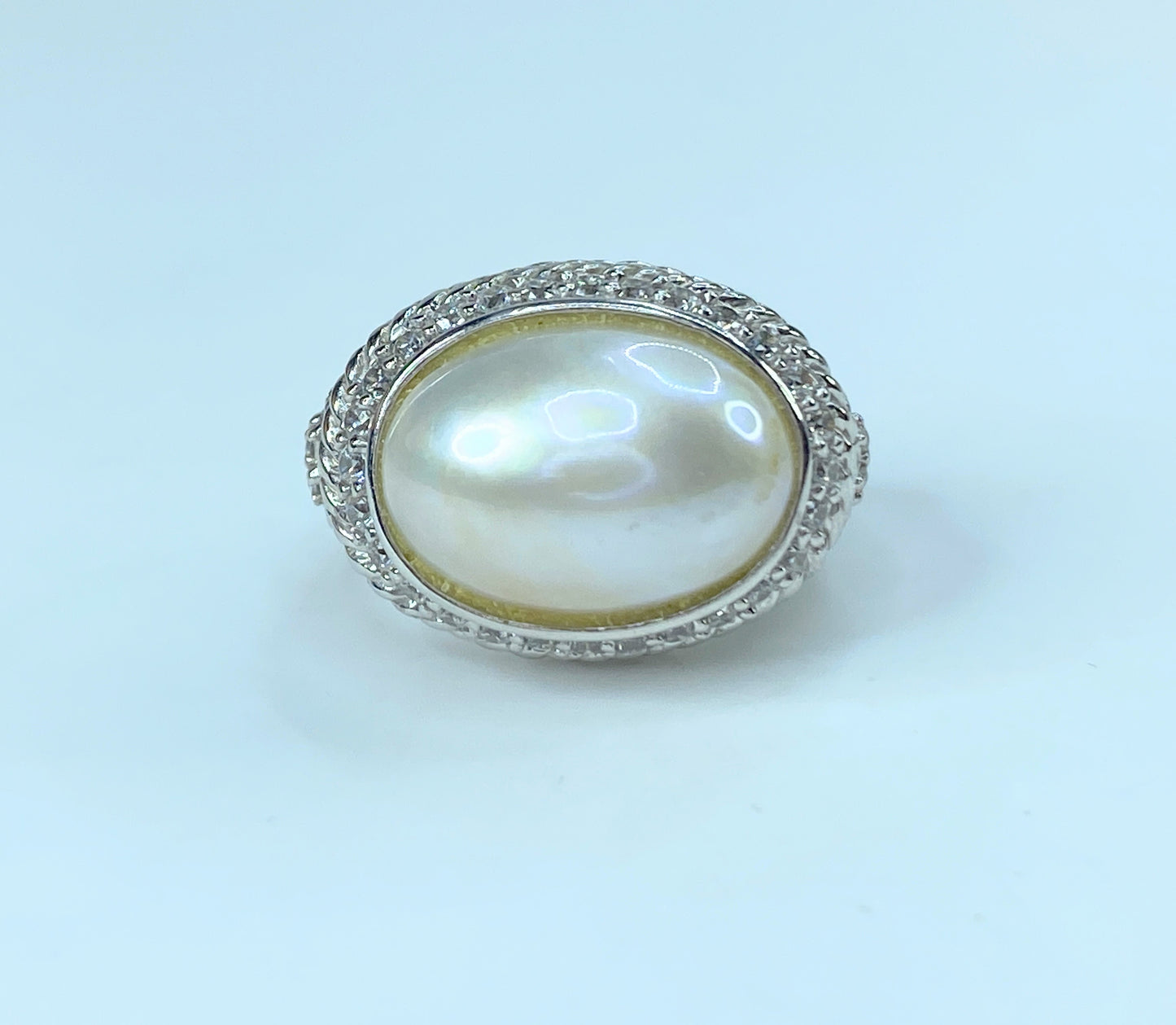 Judith Ripka Sterling silver Mabe Pearl CZ statement ring 11.7g s7 JR9065