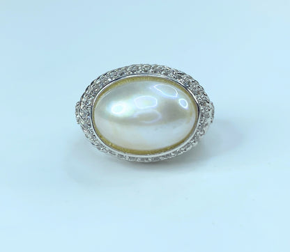 Judith Ripka Sterling silver Mabe Pearl CZ statement ring 11.7g s7 JR9065