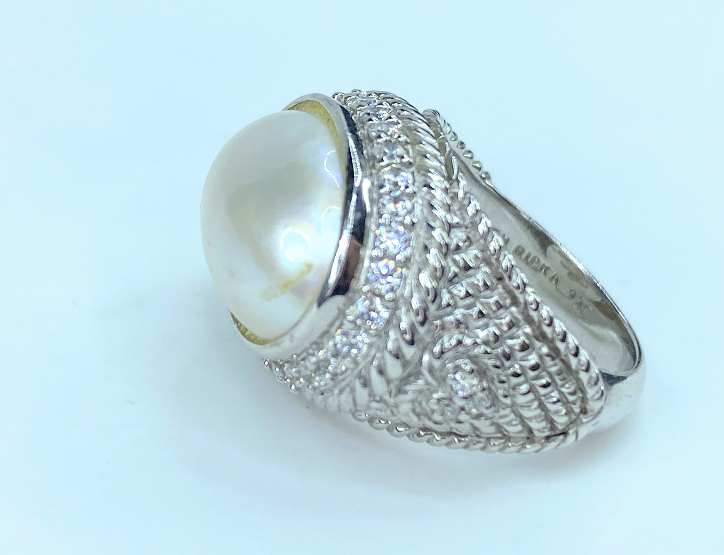 Judith Ripka Sterling silver Mabe Pearl CZ statement ring 11.7g s7 JR9065