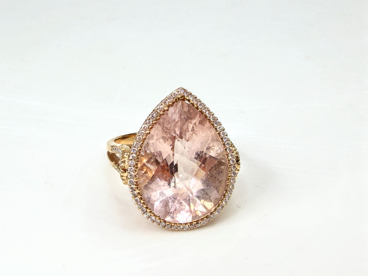 18K Gold 9.5ct Pear cut Morganite Diamond Halo Statement Ring 6.7g s7 JR1997