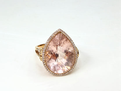 18K Gold 9.5ct Pear cut Morganite Diamond Halo Statement Ring 6.7g s7 JR1997