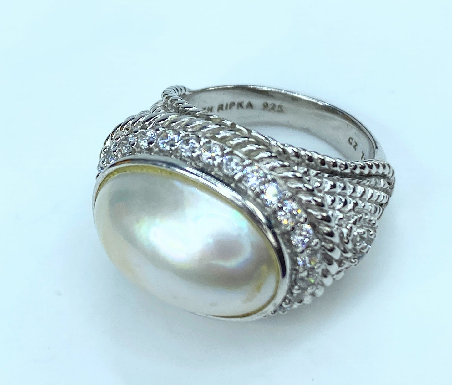 Judith Ripka Sterling silver Mabe Pearl CZ statement ring 11.7g s7 JR9065