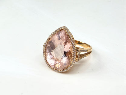18K Gold 9.5ct Pear cut Morganite Diamond Halo Statement Ring 6.7g s7 JR1997