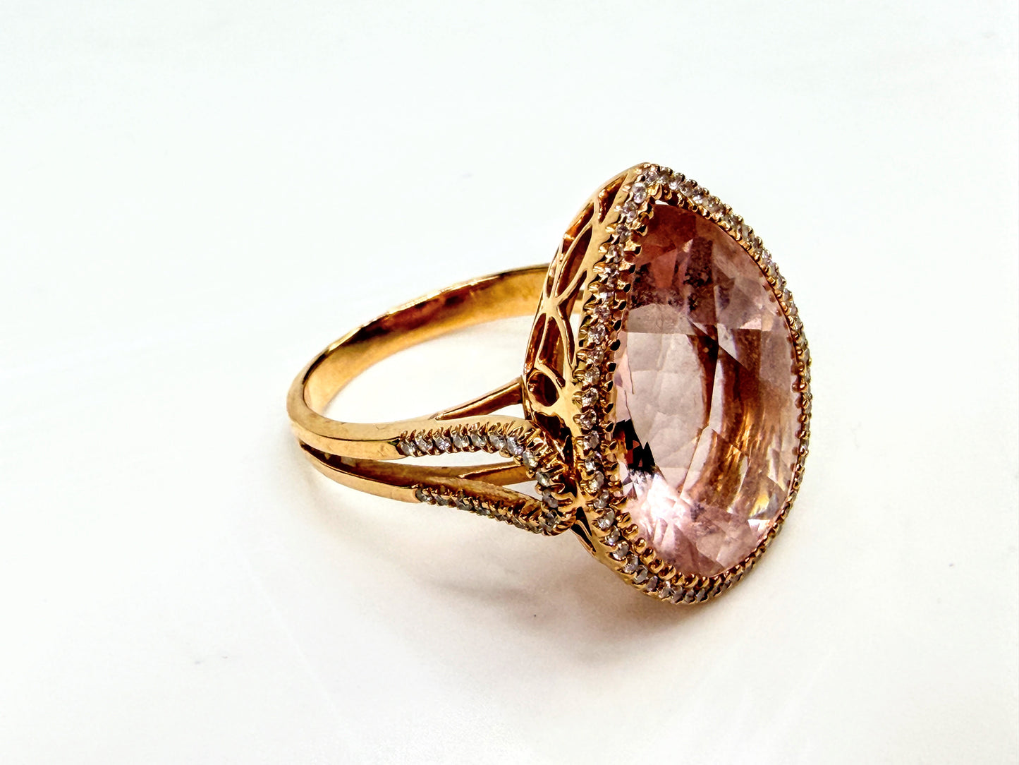 18K Gold 9.5ct Pear cut Morganite Diamond Halo Statement Ring 6.7g s7 JR1997