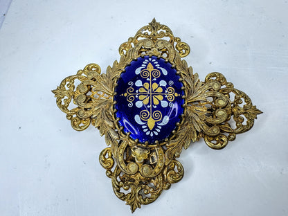 Miriam Haskell Large Blue Enamel Floral Filigree Brooch 3 1/4" GS859