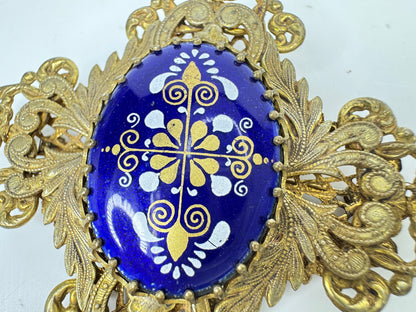 Miriam Haskell Large Blue Enamel Floral Filigree Brooch 3 1/4" GS859