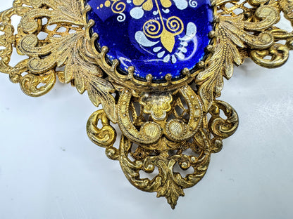 Miriam Haskell Large Blue Enamel Floral Filigree Brooch 3 1/4" GS859