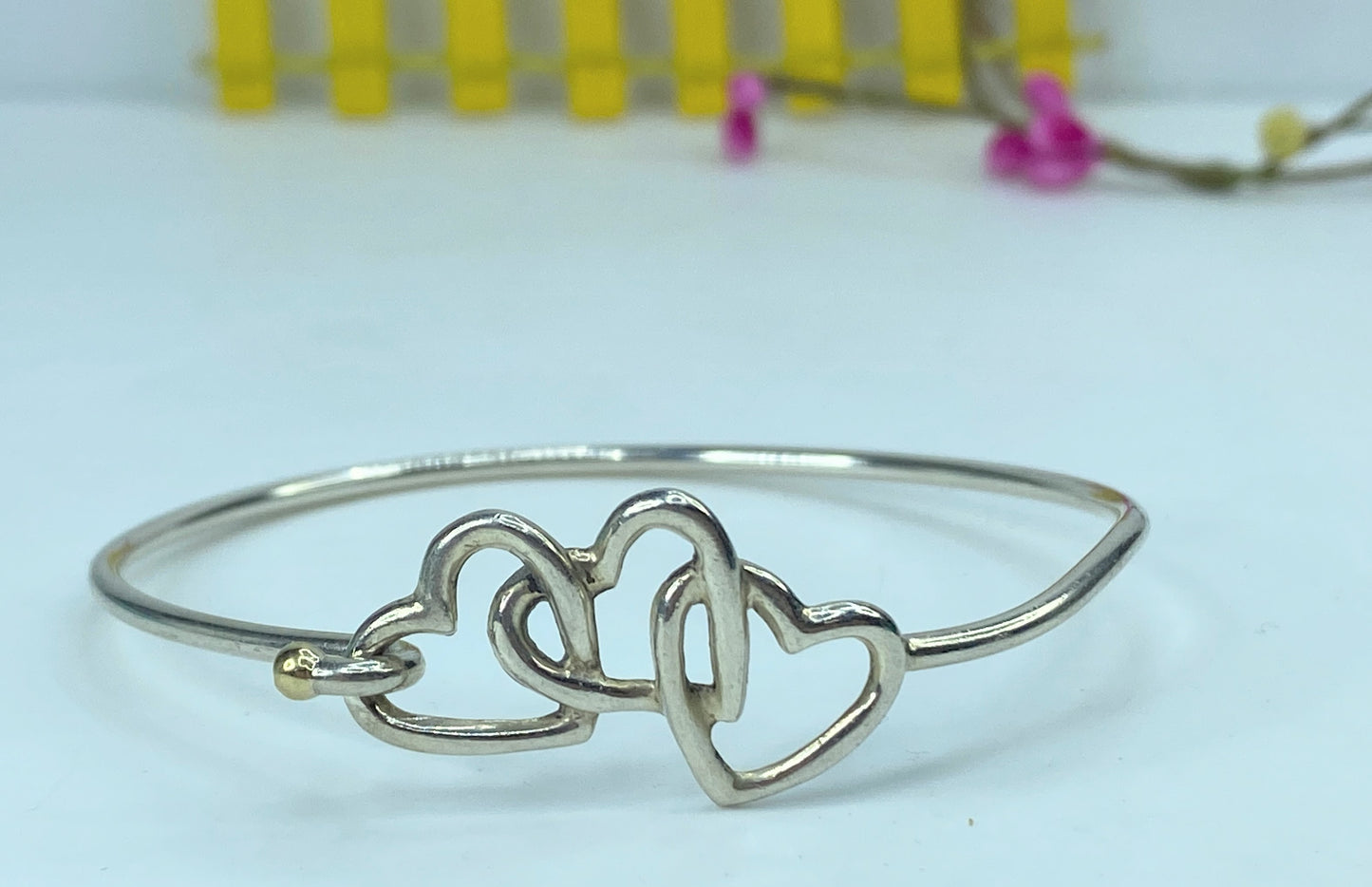 Tiffany & Co. 18k sterling silver Triple Heart eye hook bangle 7.0" JR708