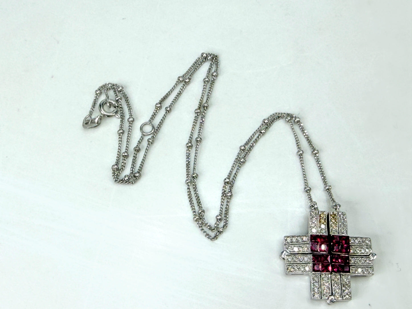 Italian 14K White Gold Ruby Diamond Expandable Cross Necklace 22.4g 17" JR2000