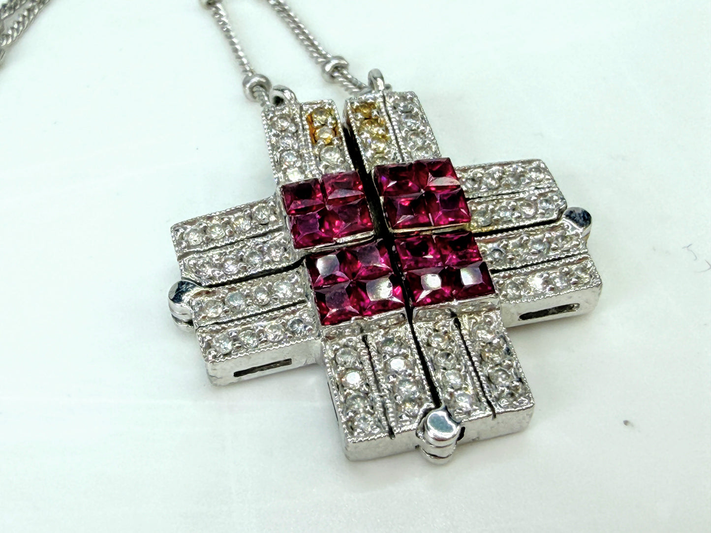 Italian 14K White Gold Ruby Diamond Expandable Cross Necklace 22.4g 17" JR2000