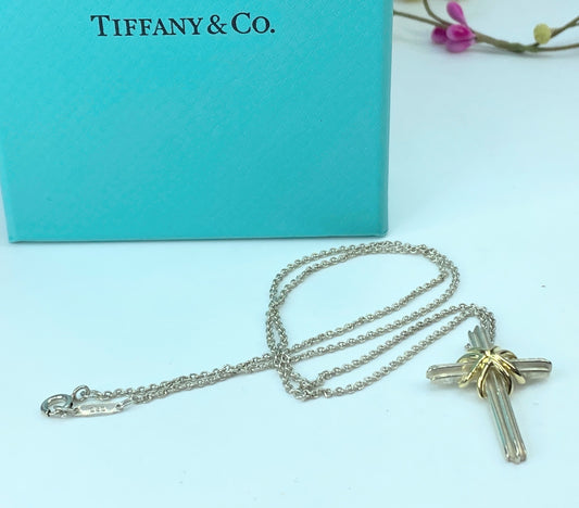 Tiffany & Co Cross Necklace Sterling Silver 18K Gold Pendant necklace 18" JR720