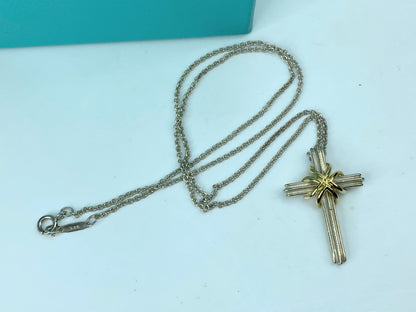 Tiffany & Co Cross Necklace Sterling Silver 18K Gold Pendant necklace 18" JR720