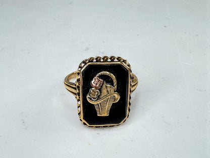 Early-Century 10K Gold Black Onyx Floral Basket Ring Size 6 2.6g JR2055