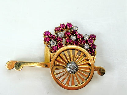 Early 20th Century 18K Gold Ruby Diamond Wheelbarrow Brooch 1.69ct 10.5g JR2001