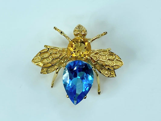 Vintage Retro Era 14KT Yellow Gold Golden Citrine Blue Topaz Lapel Fly Pin JR96