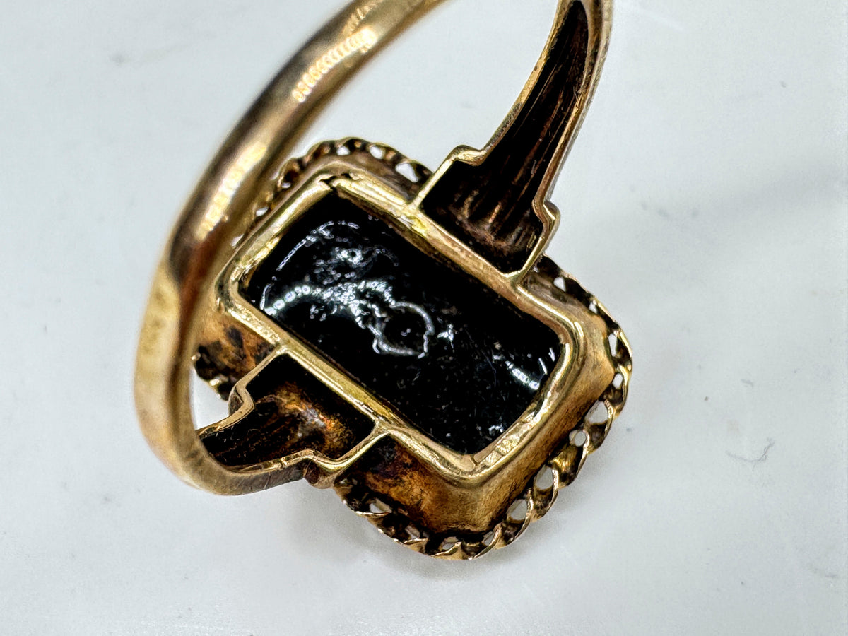 Early-Century 10K Gold Black Onyx Floral Basket Ring Size 6 2.6g JR2055