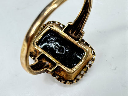 Early-Century 10K Gold Black Onyx Floral Basket Ring Size 6 2.6g JR2055