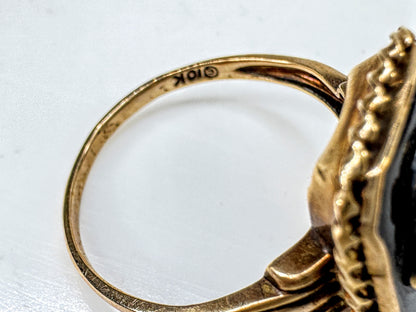Early-Century 10K Gold Black Onyx Floral Basket Ring Size 6 2.6g JR2055