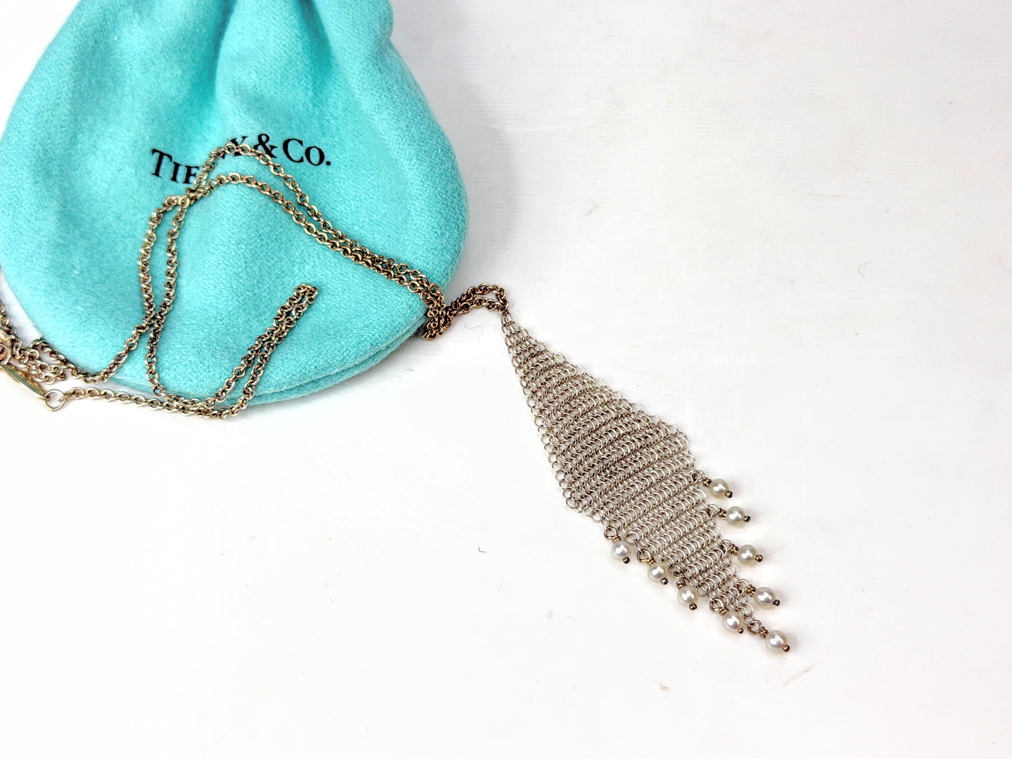 Tiffany Co. Elsa Peretti Sterling Silver Mesh Fringe Pearl Necklace 3.8g JR2003