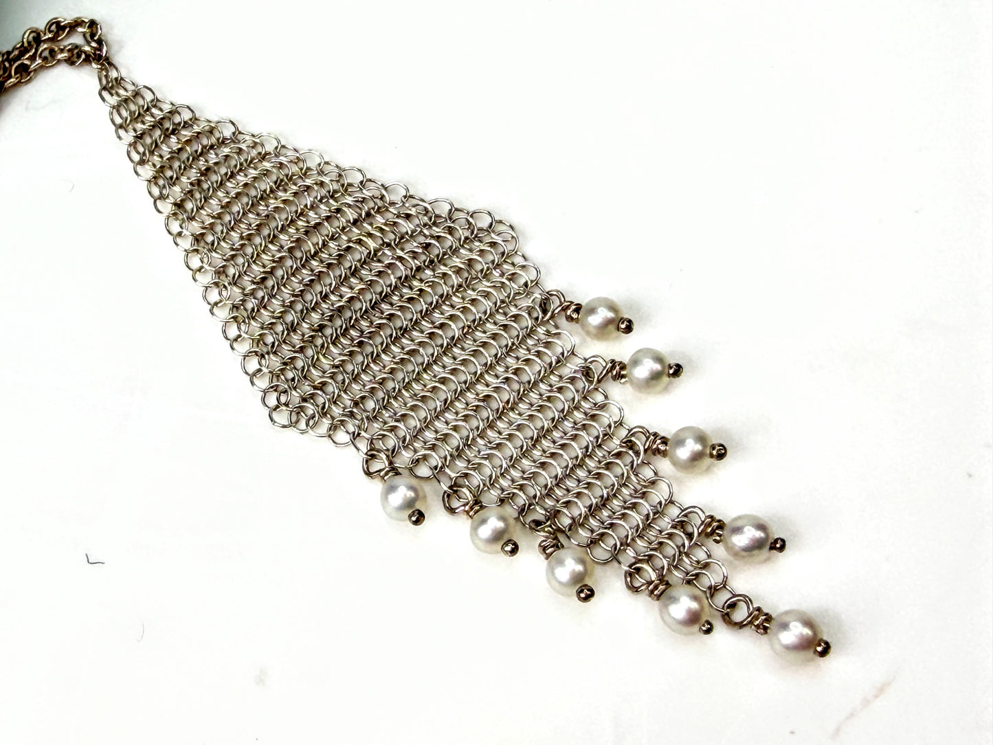 Tiffany Co. Elsa Peretti Sterling Silver Mesh Fringe Pearl Necklace 3.8g JR2003