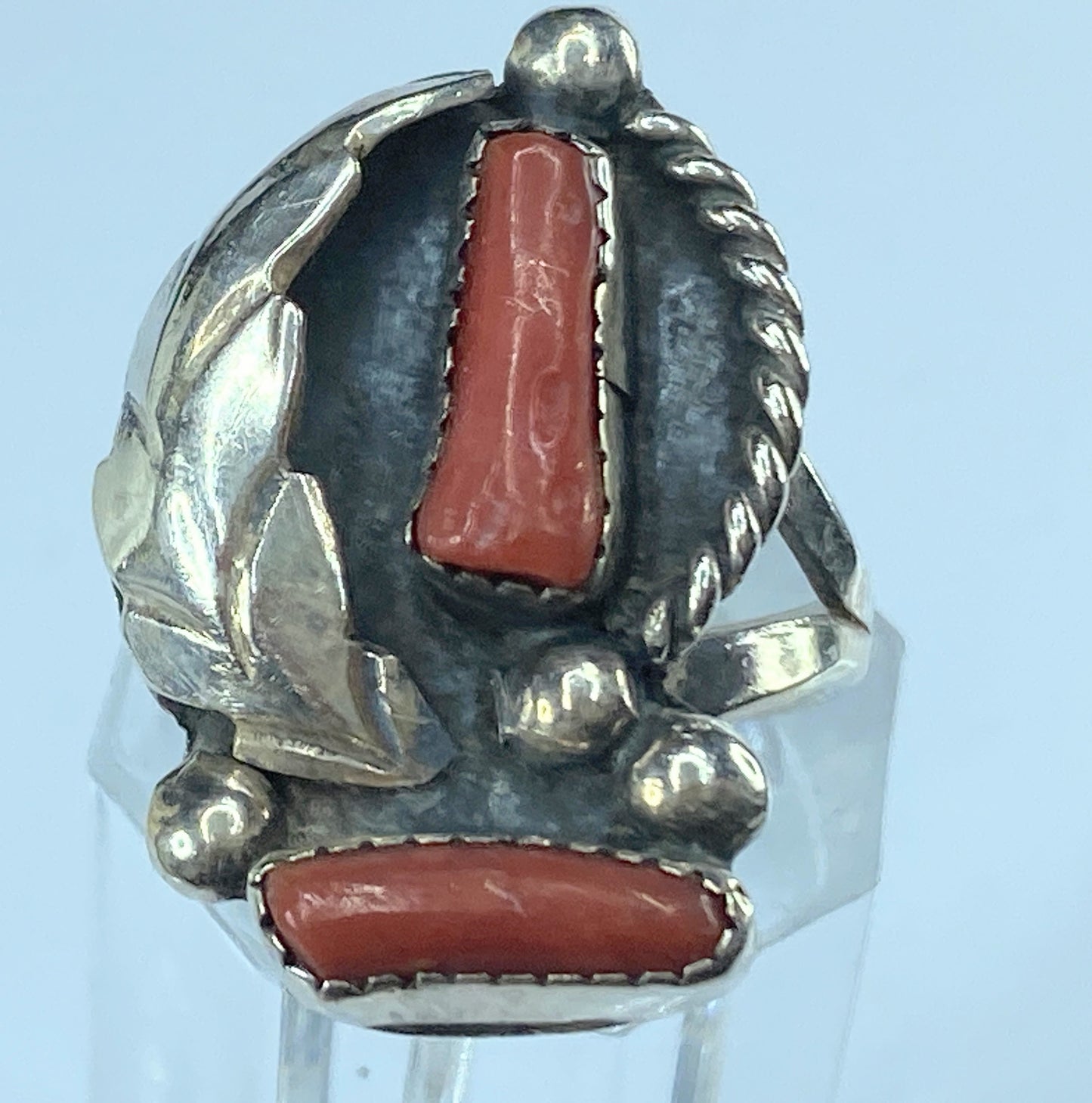 Native American sterling Coral Feather ring with accent