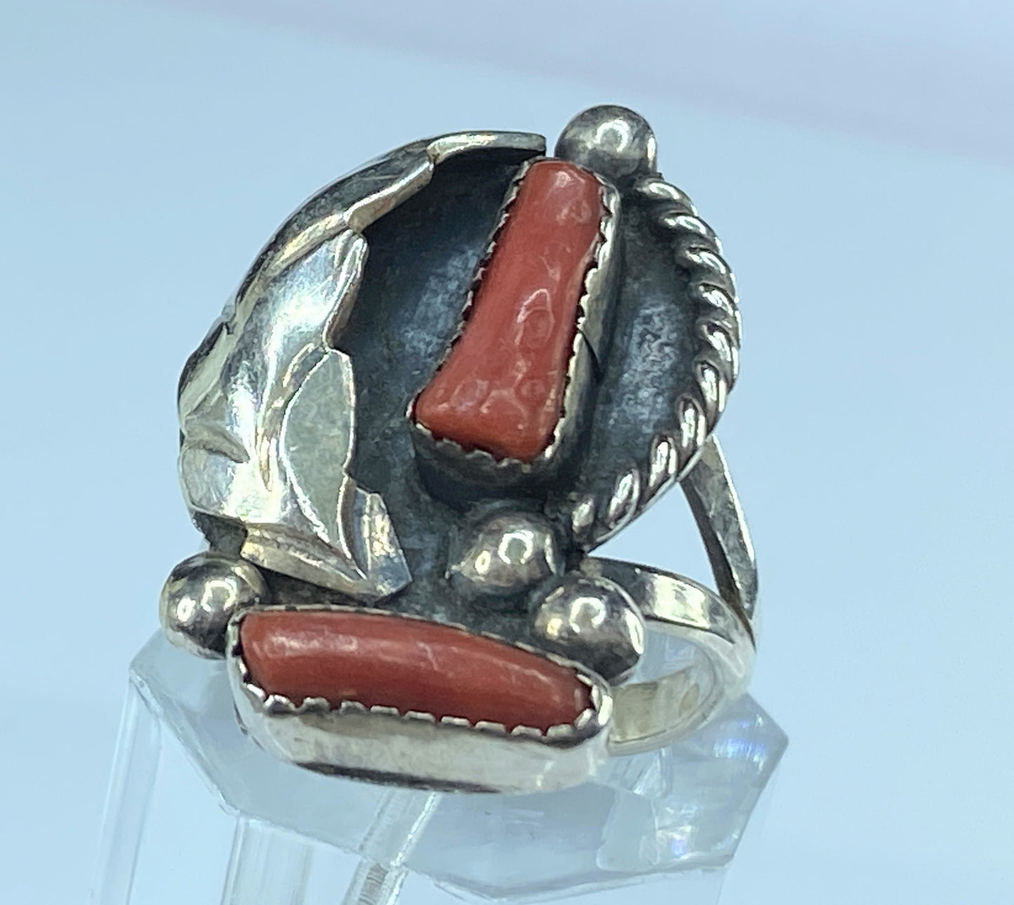 Native American sterling Coral Feather ring with accent