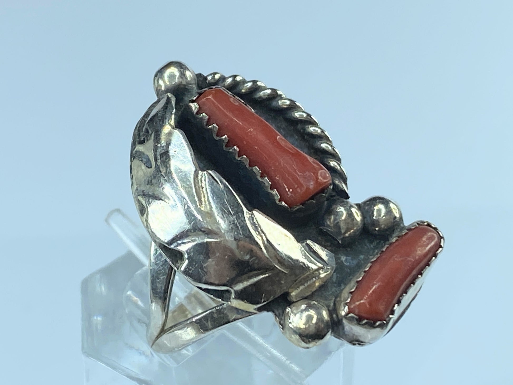 Native American sterling Coral Feather ring with accent