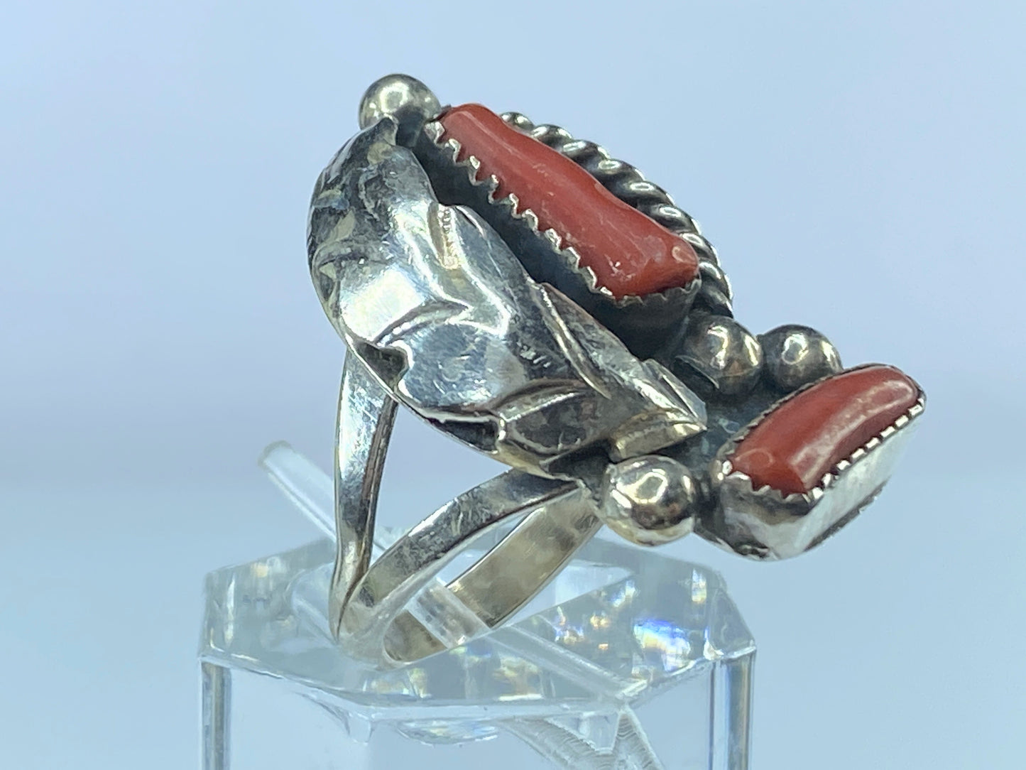 Native American sterling Coral Feather ring with accent