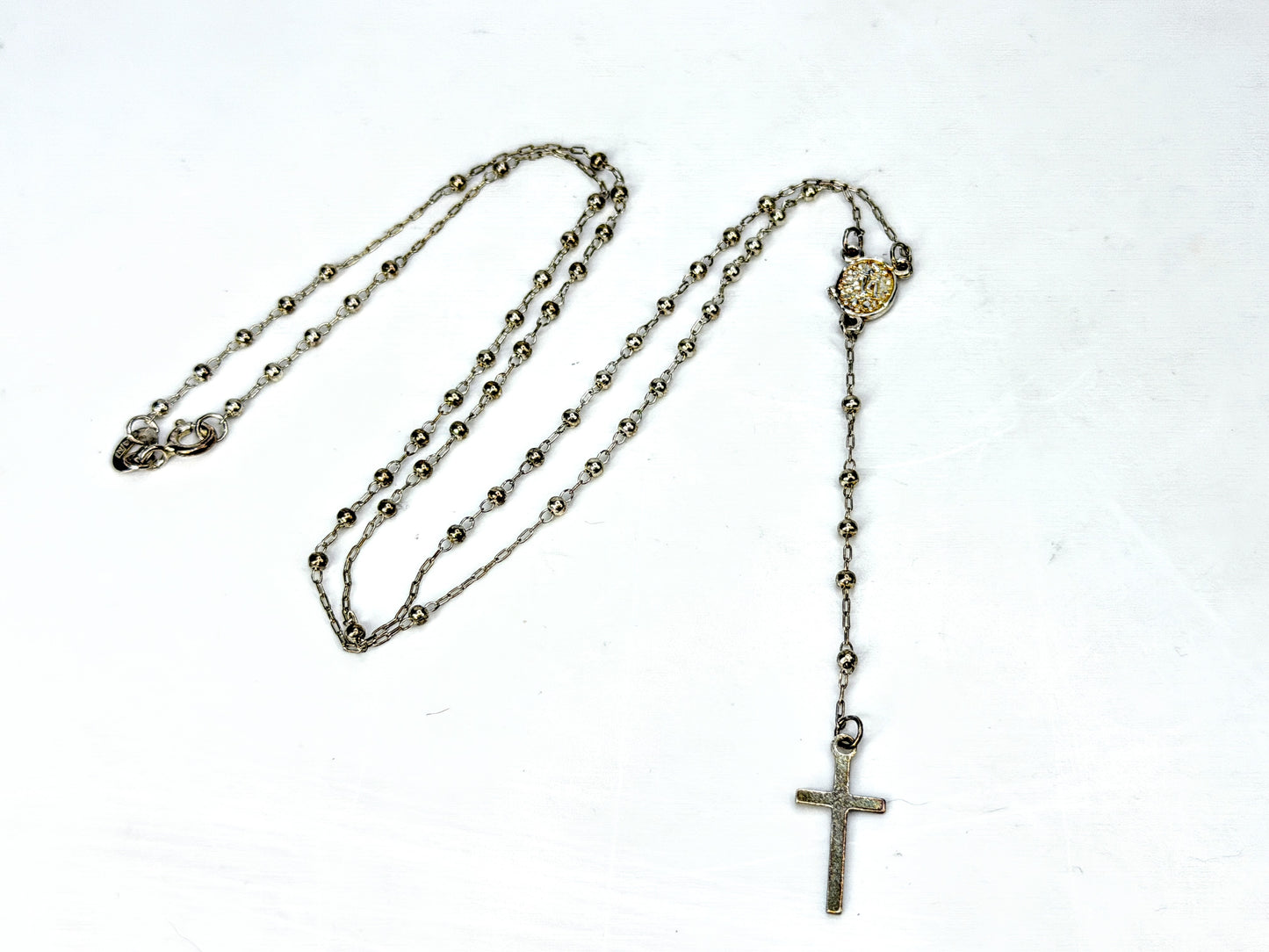 Vintage 925 Sterling Silver Rosary Necklace Beaded Chain Cross Medal JR1936