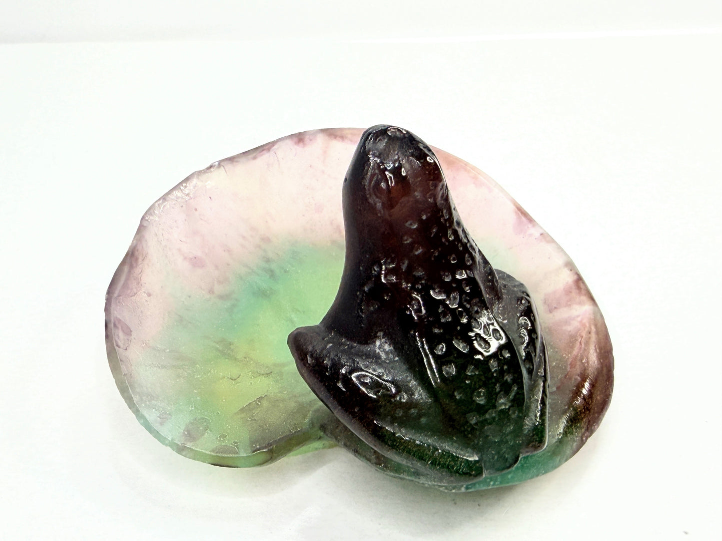 Daum France Pate de Verre frog on lily pad sculpture green amber signed A773