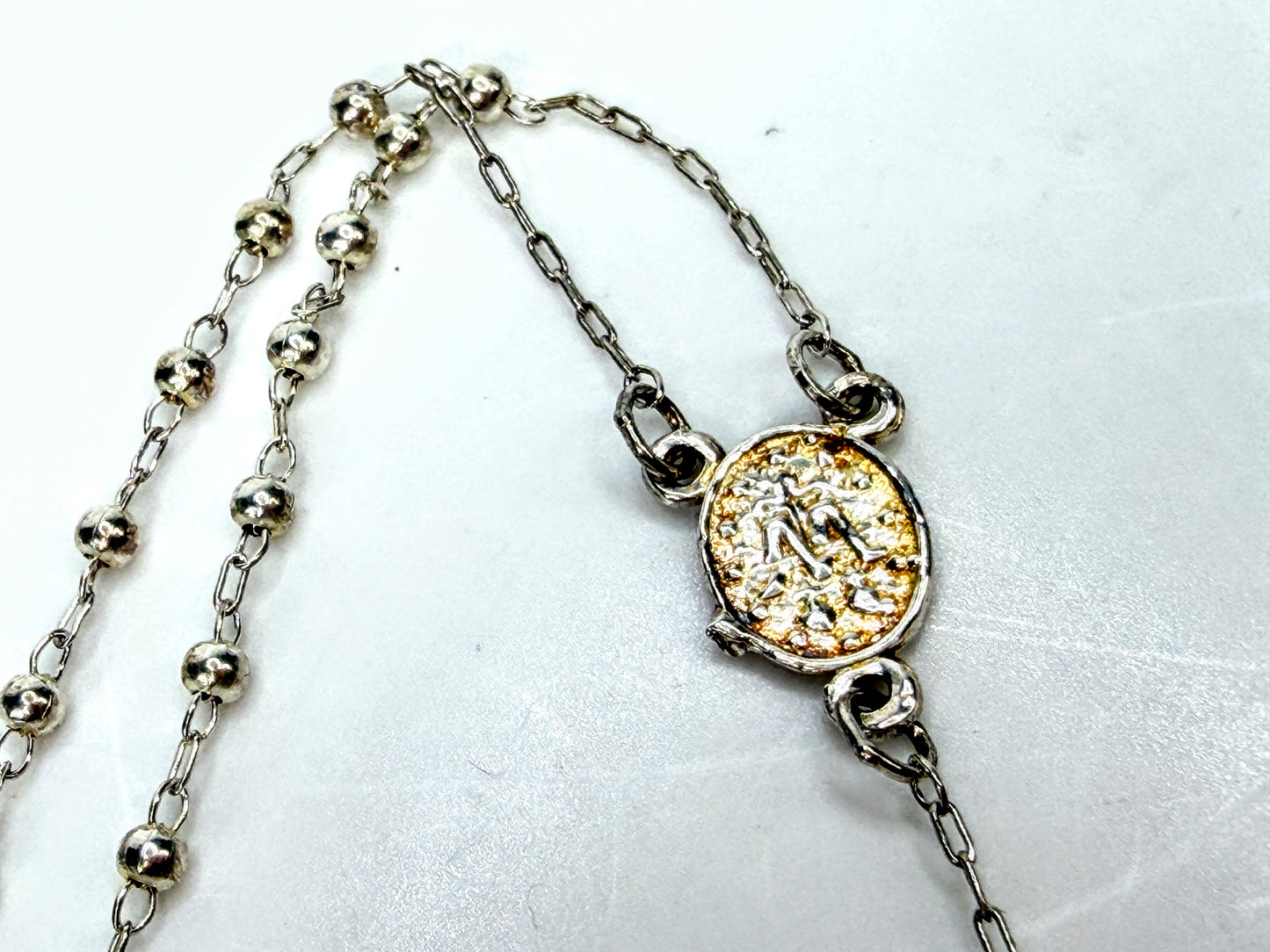 Vintage 925 Sterling Silver Rosary Necklace Beaded Chain Cross Medal JR1936